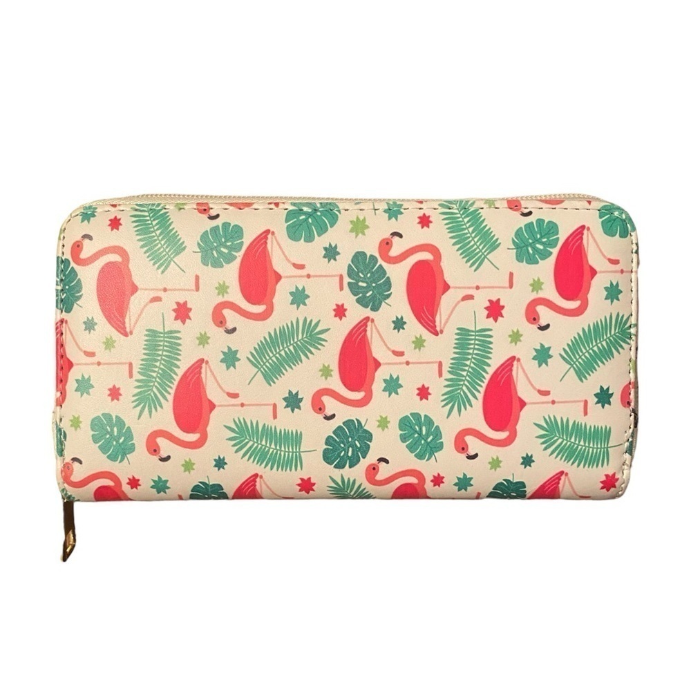 2/$15 Ardene White Wallet with Pink Flamingos and Green Leaves